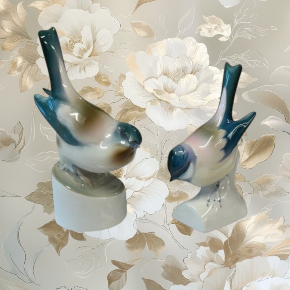 Vintage Zsolnay Hungary Pecs Green White Brown Finches Bird Porcelain Figurines